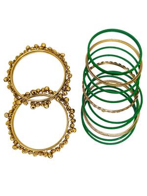 Set of 13 gold plated ghungroo green velvet chuda set 4