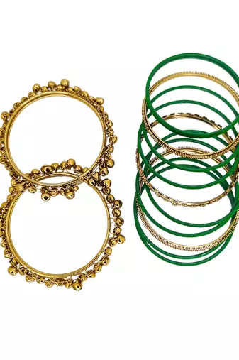 Set of 13 gold plated ghungroo green velvet chuda set