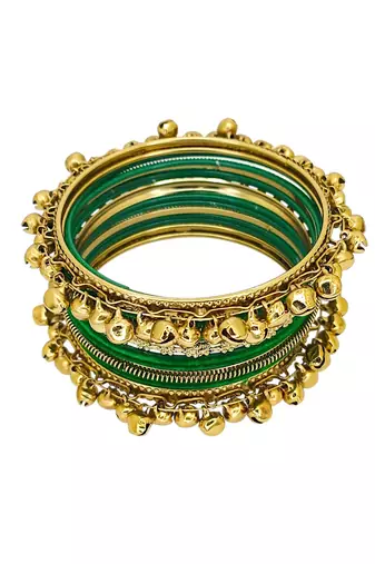 Set of 13 gold plated ghungroo green velvet chuda set