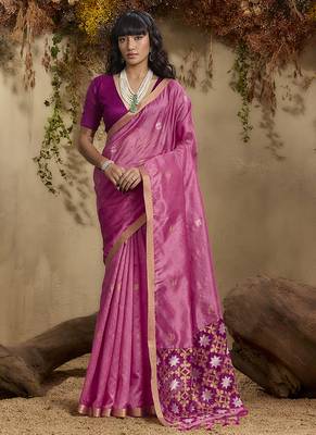 tussar art silk blend woven work saree in pink 1