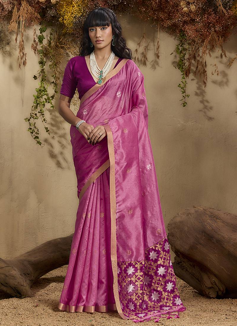 tussar art silk woven work saree in pink