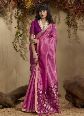 tussar art silk blend woven work saree in pink 2
