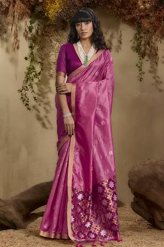 tussar art silk blend woven work saree in pink