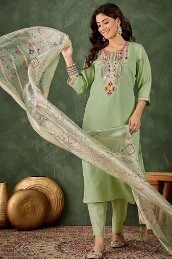 Green women kurta pant dupatta set