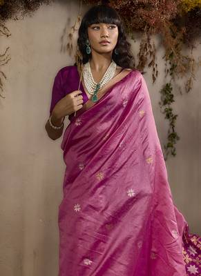 tussar art silk blend woven work saree in pink 4
