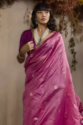 tussar art silk blend woven work saree in pink