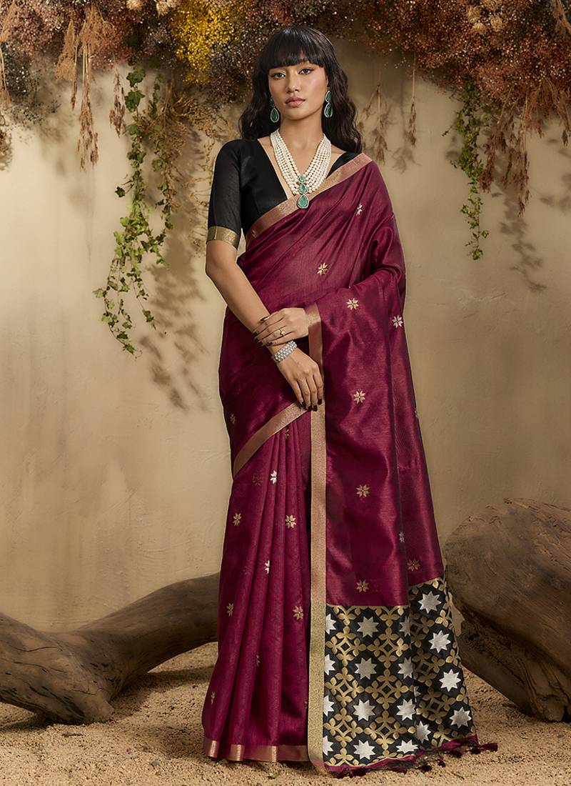 tussar art silk woven work saree in maroon