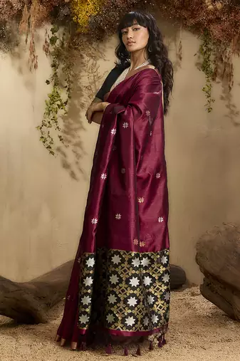 tussar art silk blend woven work saree in maroon