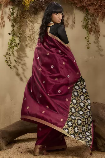 tussar art silk blend woven work saree in maroon