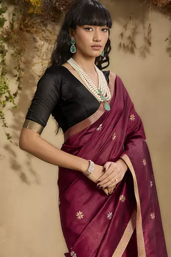 tussar art silk blend woven work saree in maroon