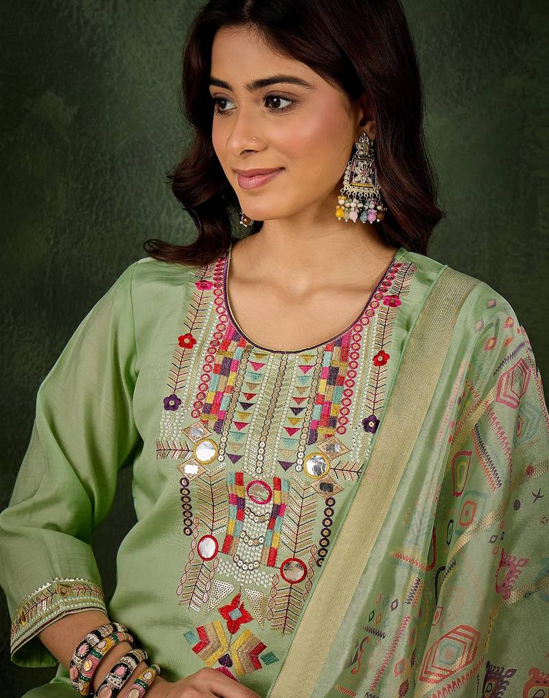 Green women kurta pant dupatta set