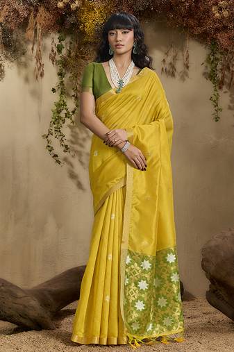 tussar art silk woven work saree in mustard