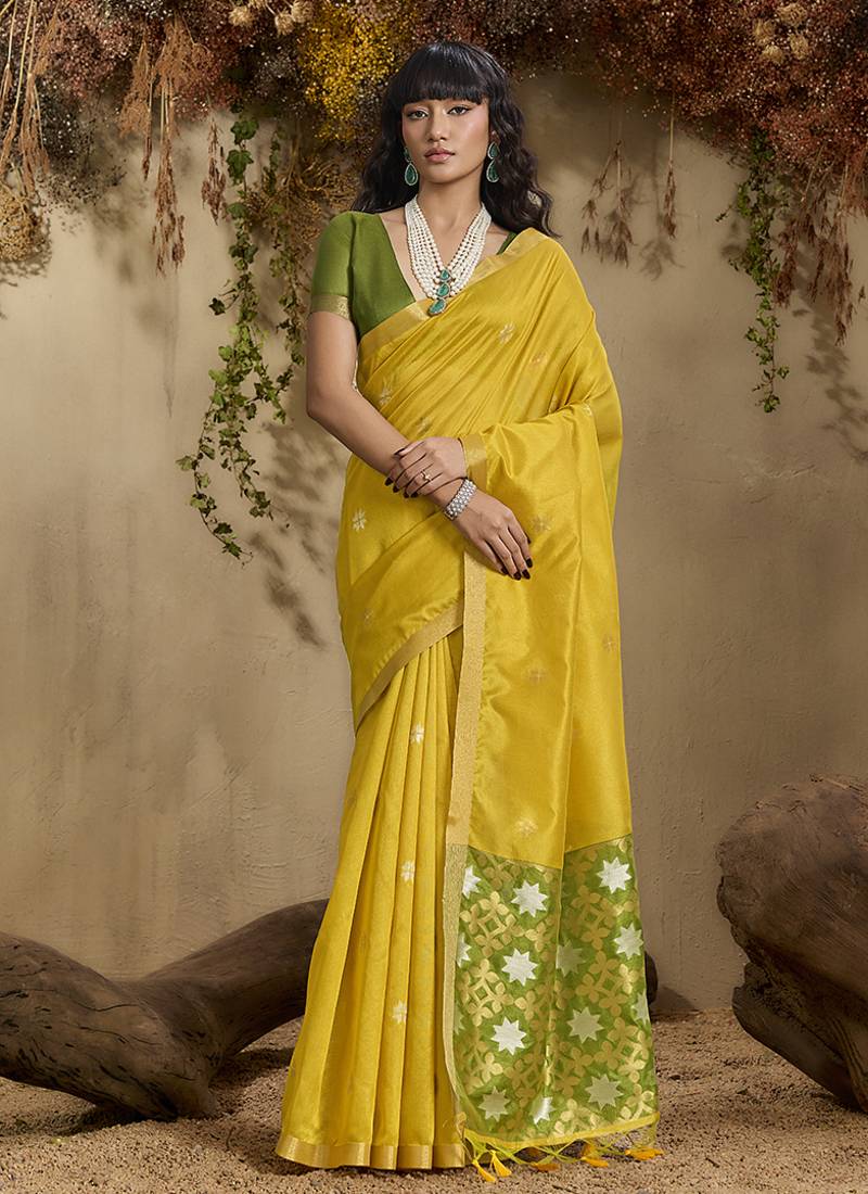 tussar art silk woven work saree in mustard