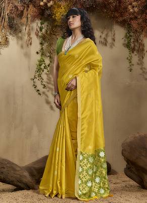 tussar art silk blend woven work saree in mustard 2