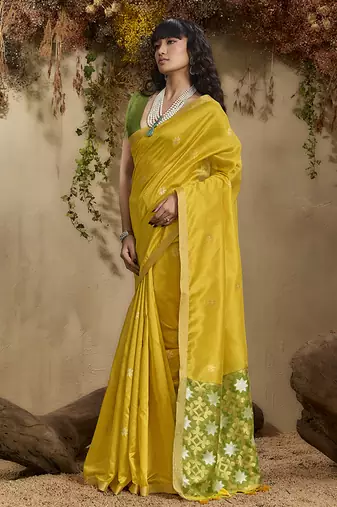 tussar art silk blend woven work saree in mustard