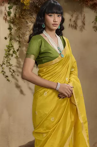 tussar art silk blend woven work saree in mustard