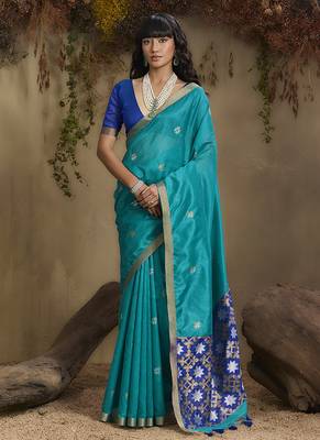 tussar art silk blend woven work saree in aqua blue 1