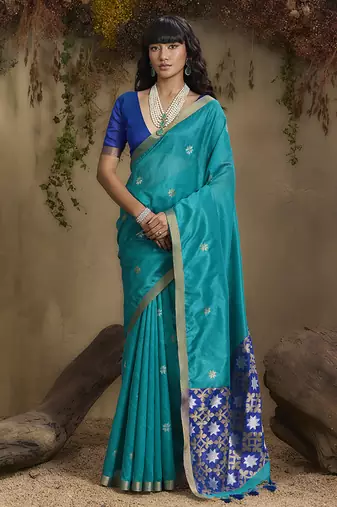 tussar art silk woven work saree in aqua blue