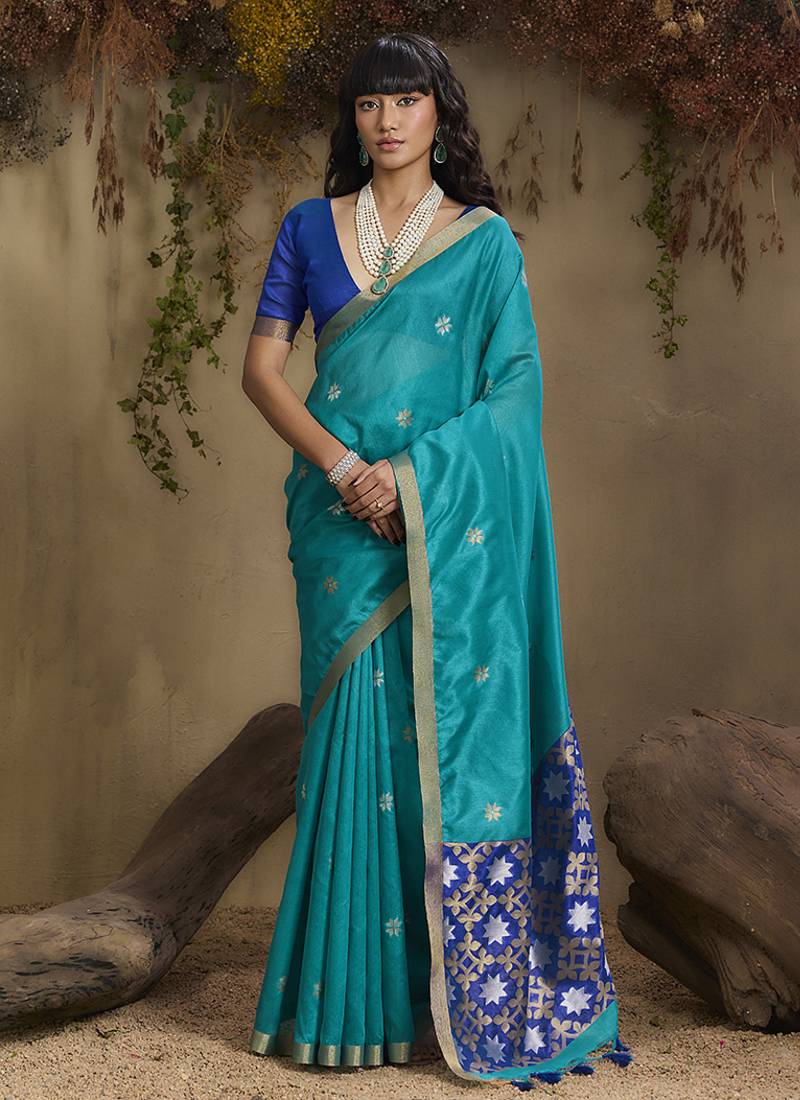 tussar art silk woven work saree in aqua blue