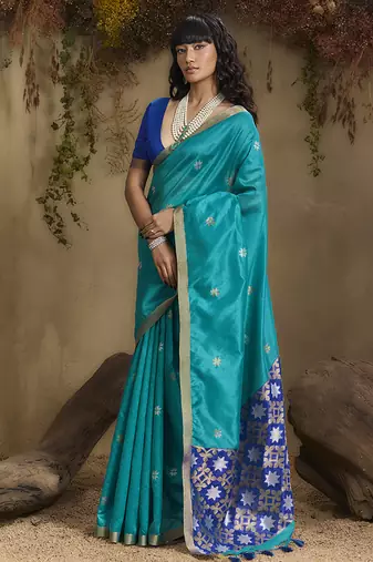 tussar art silk blend woven work saree in aqua blue