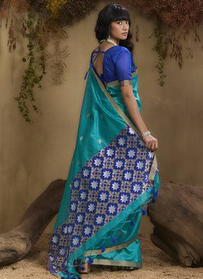 tussar art silk blend woven work saree in aqua blue 3