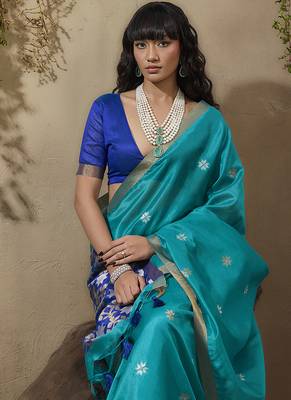 tussar art silk blend woven work saree in aqua blue 4
