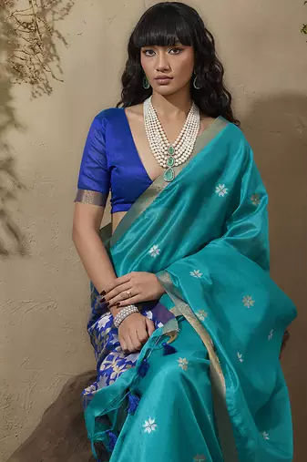 tussar art silk blend woven work saree in aqua blue