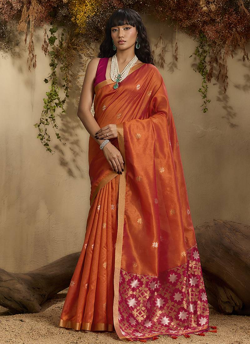 tussar art silk woven work saree in orange