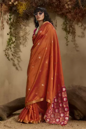tussar art silk blend woven work saree in orange