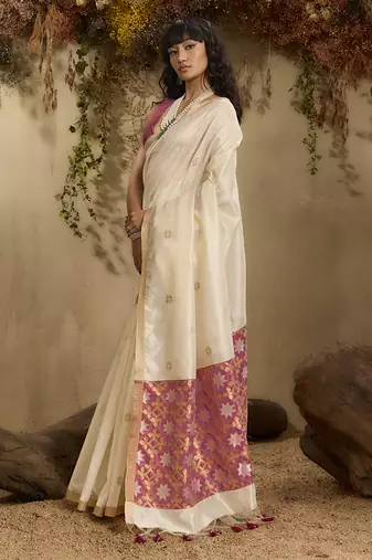 tussar art silk blend woven work saree in off white