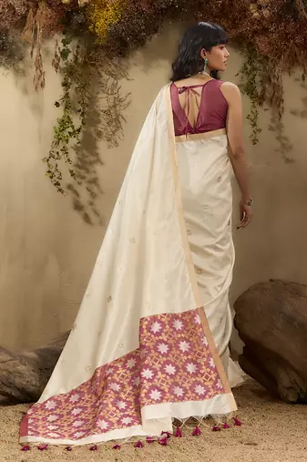 tussar art silk blend woven work saree in off white