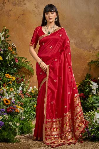 red tussar art silk woven work saree