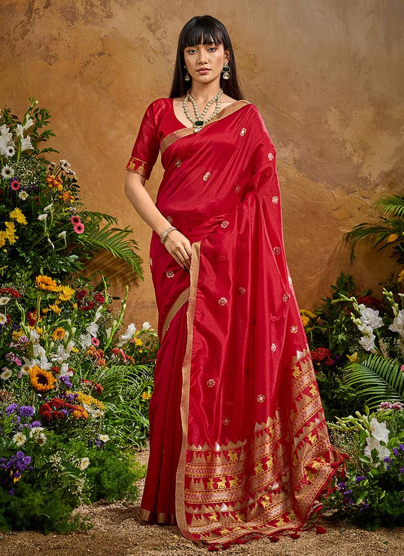 red tussar art silk woven work saree