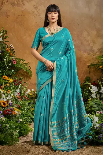 aqua blue tussar art silk woven work saree