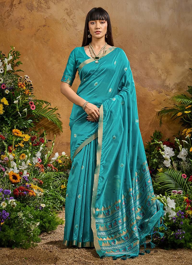 aqua blue tussar art silk woven work saree
