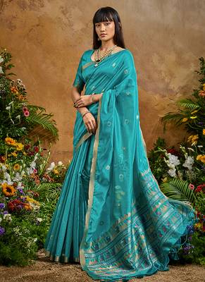 aqua blue tussar art silk blend woven work saree 2