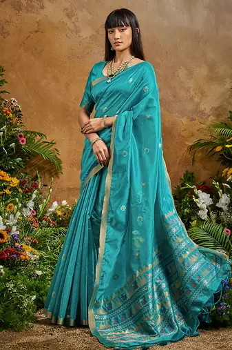 aqua blue tussar art silk blend woven work saree