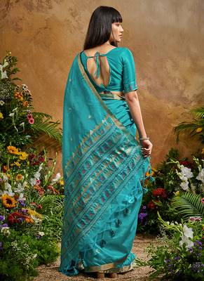 aqua blue tussar art silk blend woven work saree 3