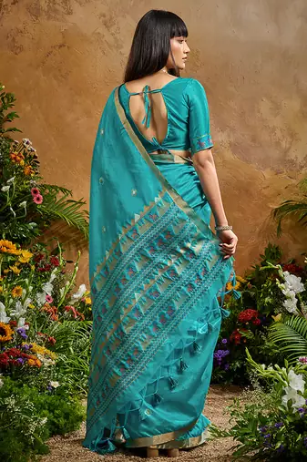 aqua blue tussar art silk blend woven work saree