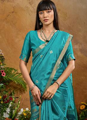 aqua blue tussar art silk blend woven work saree 4