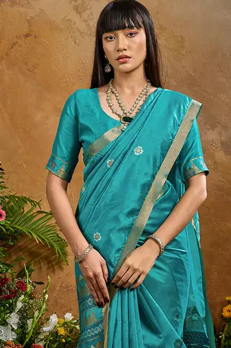 aqua blue tussar art silk blend woven work saree