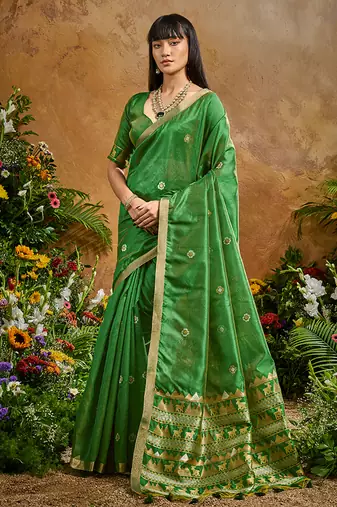 green tussar art silk woven work saree