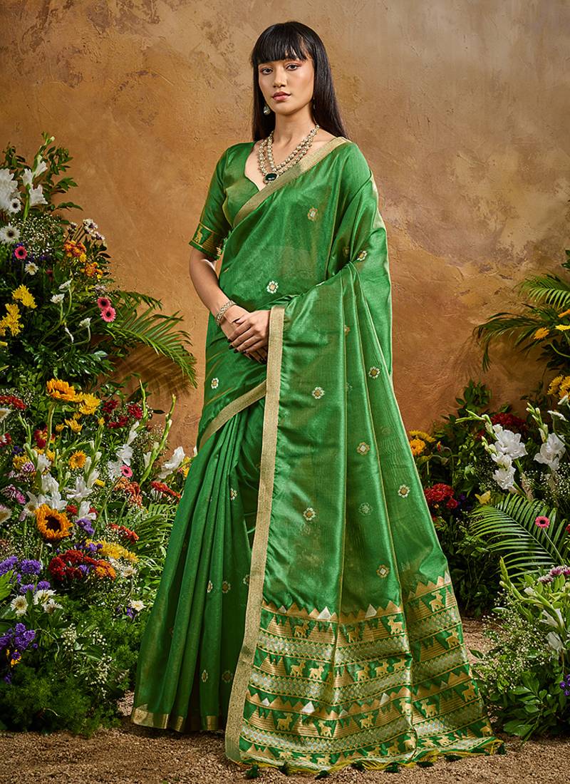 green tussar art silk woven work saree
