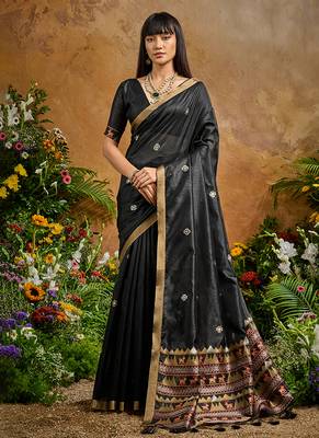black tussar art silk blend woven work saree 1