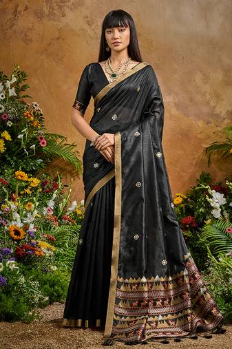 black tussar art silk woven work saree