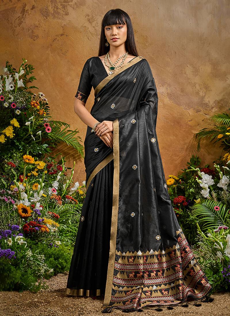 black tussar art silk woven work saree