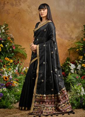black tussar art silk blend woven work saree 2