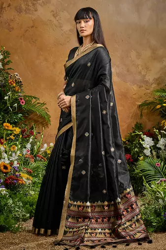 black tussar art silk blend woven work saree