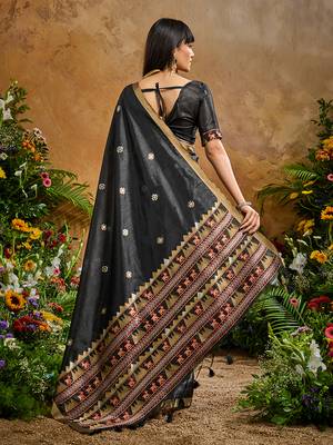black tussar art silk blend woven work saree 3