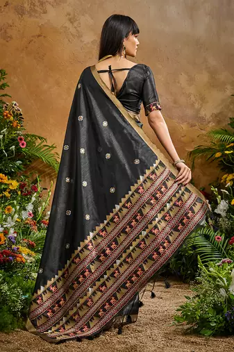 black tussar art silk blend woven work saree